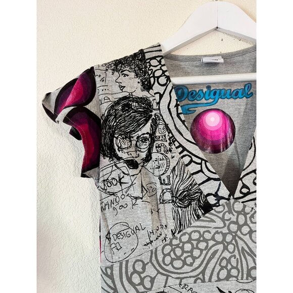 Desigual Women's Abstract Graphic Print A-Line Mini Dress Cap Sleeve V-Neck Gray - Picture 3 of 14